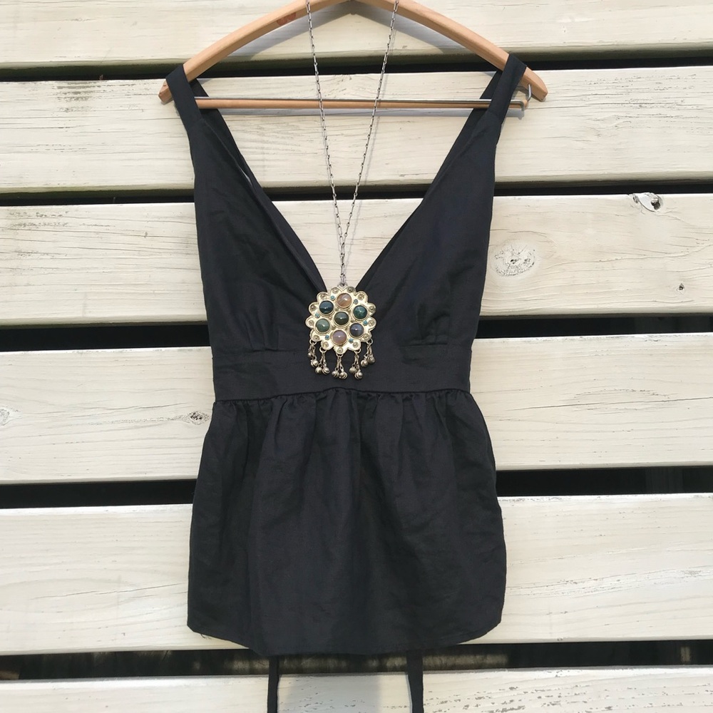 NWT Free People Black Halter Top / Blk Linen Peplum Boho Top / Size 10/ Large